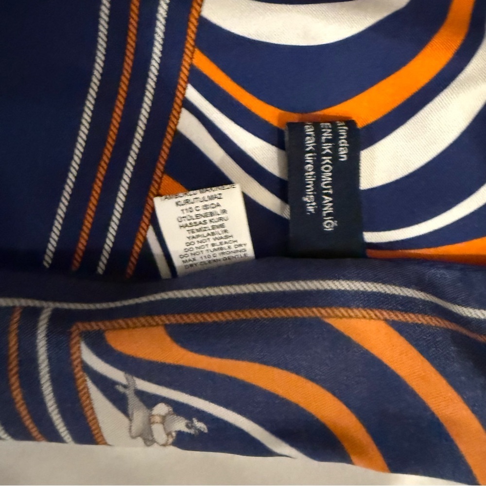 NWOT Vakko 100% Silk Abstract Swirl Print Scarf in Blue, Orange, and White - Picture 8 of 8